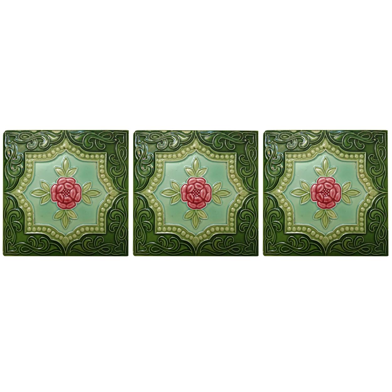 This is an amazing set of antique Art Nouveau handmade tiles, S.A. Produits Ceramiques de la Dyle, circa 1930. 
A beautiful relief and deep rich warm green, turquoise, and rose color. These tiles would be charming displayed on easels, framed or