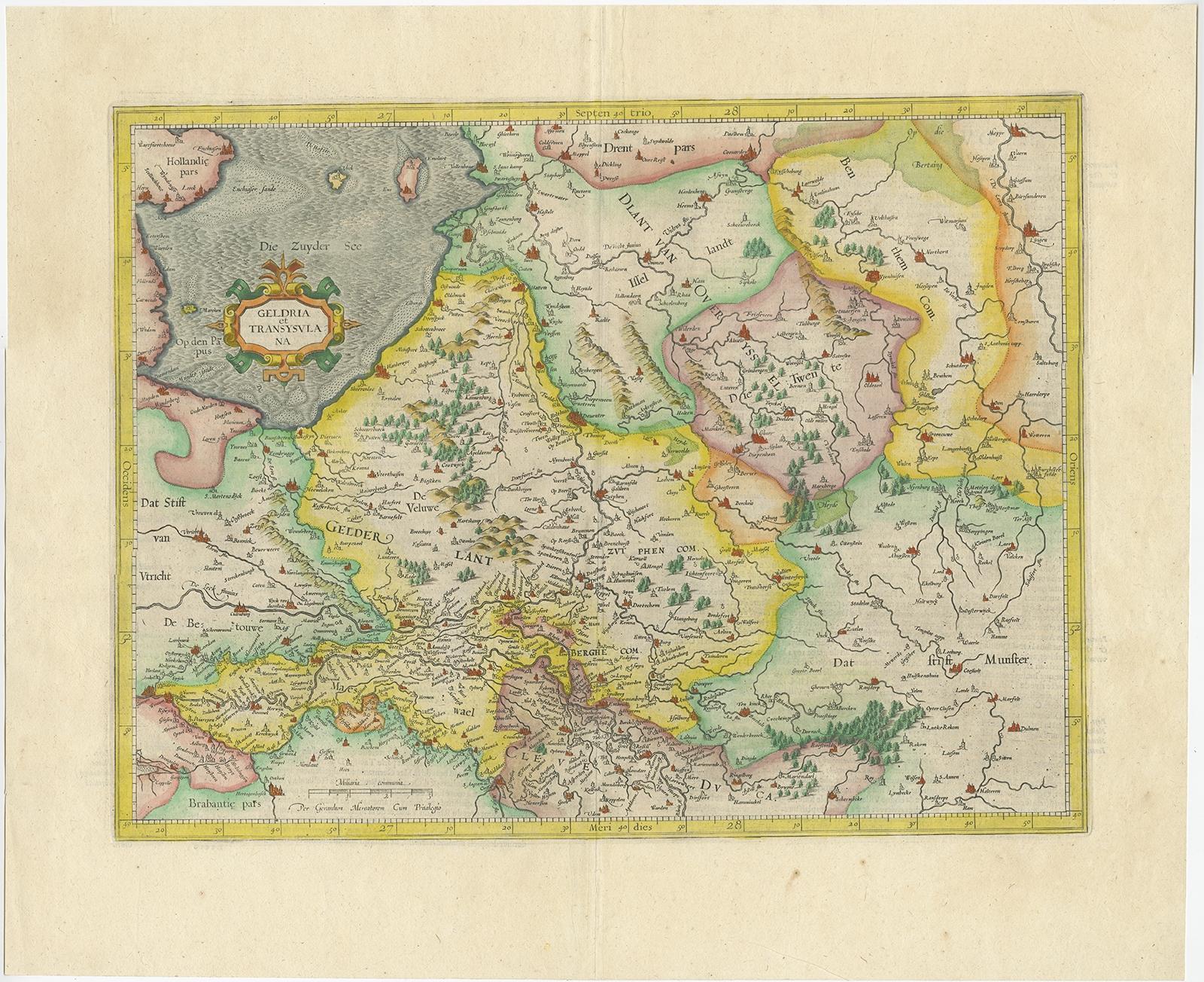 Antique map titled 'Geldria et Transysulana'. 

One of the earliest maps of Gelderland and Overijssel in the Netherlands, prepared by Gerard Mercator.

Artists and Engravers: Gerard Mercator (Kremer) was born in Rupelmonde in Flanders and