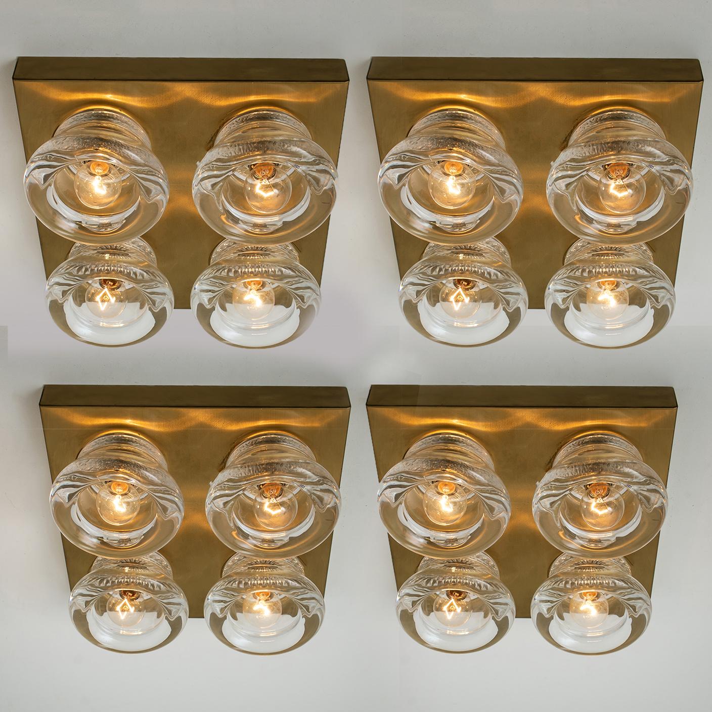 One of the Six Glass Brass Wall Sconces Flush Cosack Lights, Germany, 1970s In Good Condition In Rijssen, NL