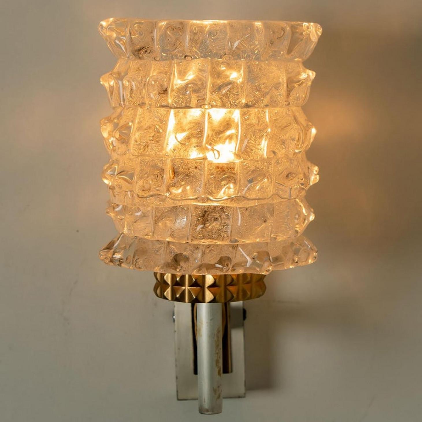 Brass One of the Four Hillebrand Massive Glass Wall Light Fixtures, 1960 For Sale