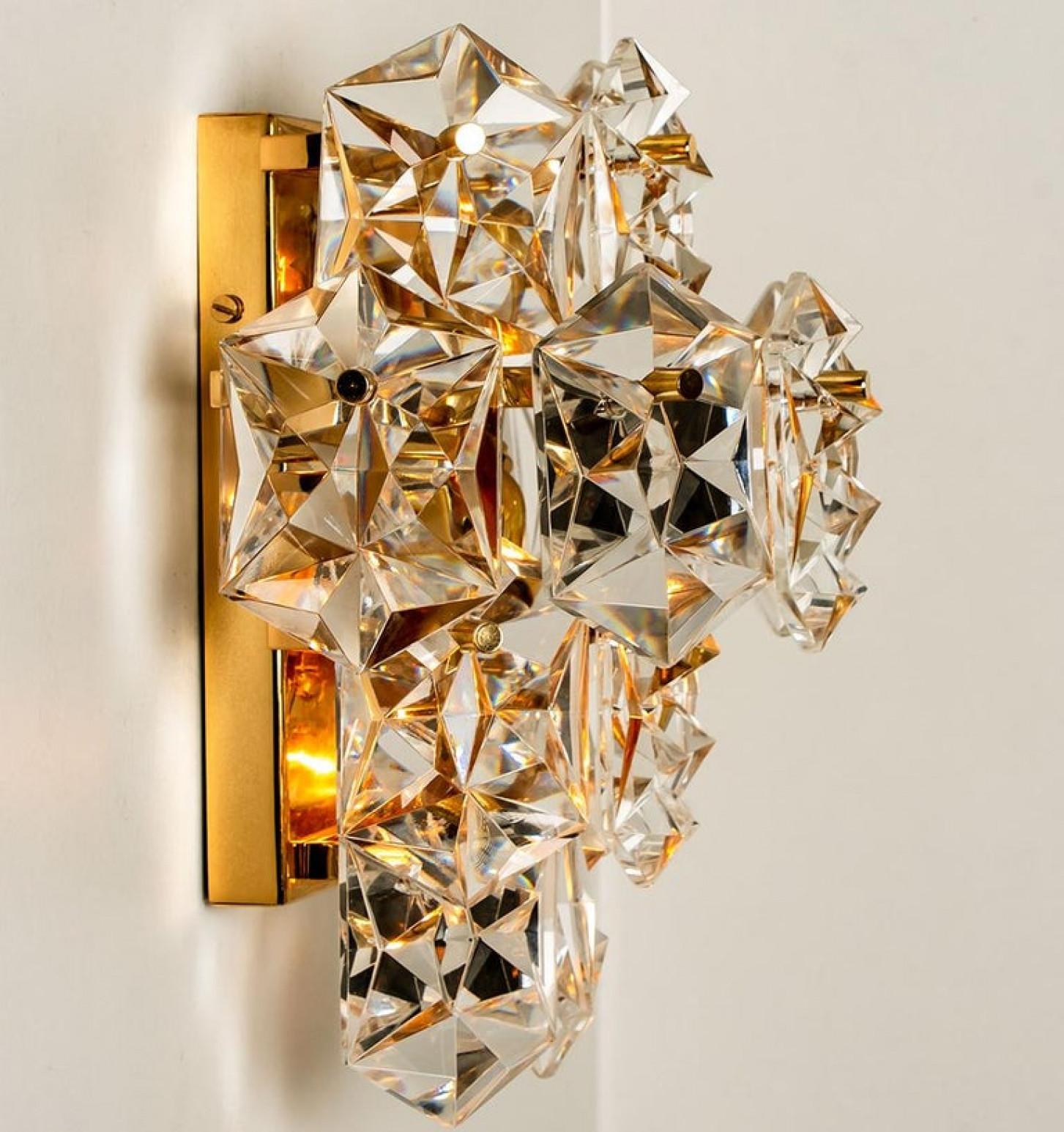 One of the Four Large Gilt Brass Faceted Crystal Sconces Wall Lights Kinkeldey For Sale 11