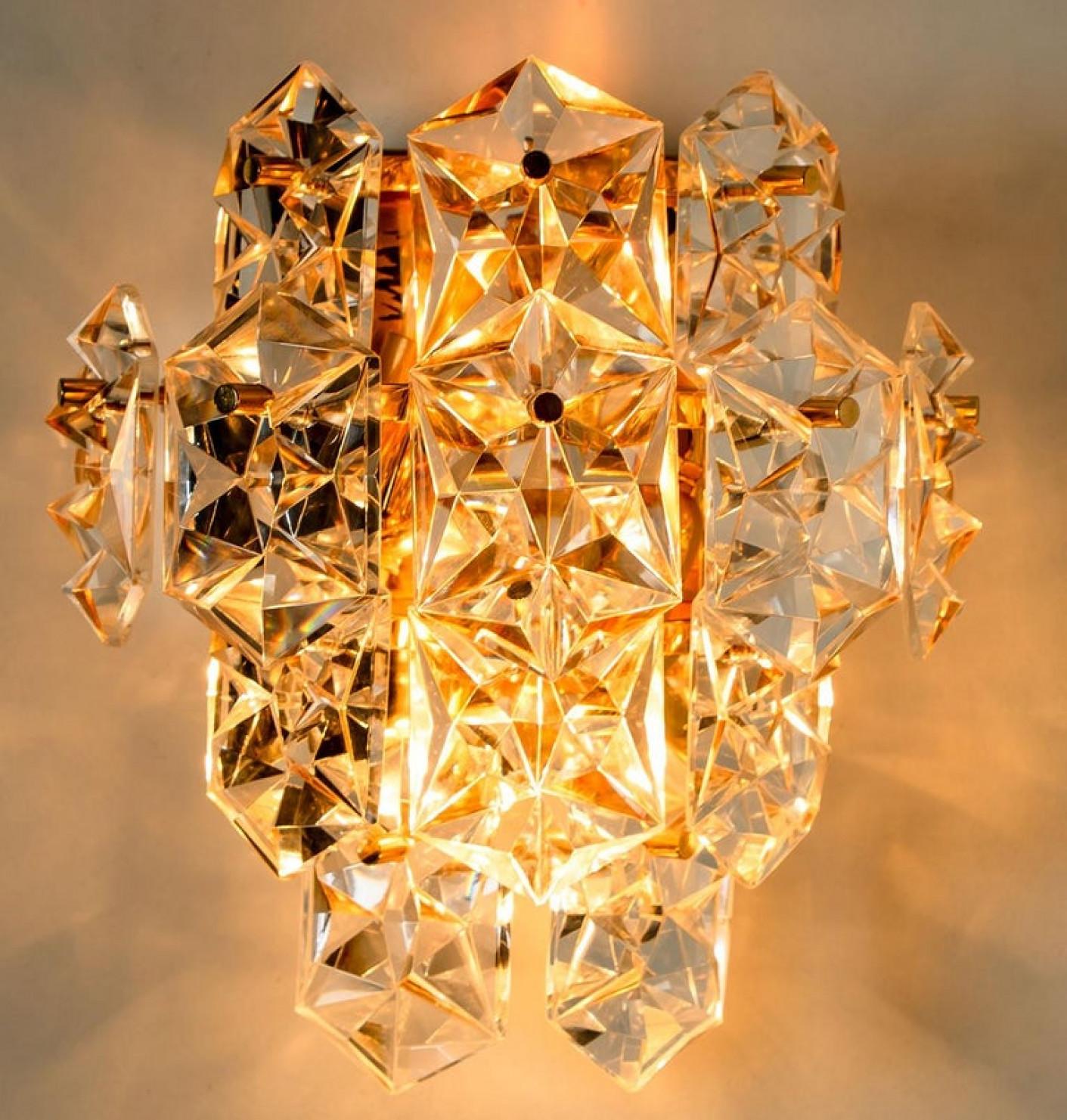 German One of the Four Large Gilt Brass Faceted Crystal Sconces Wall Lights Kinkeldey For Sale