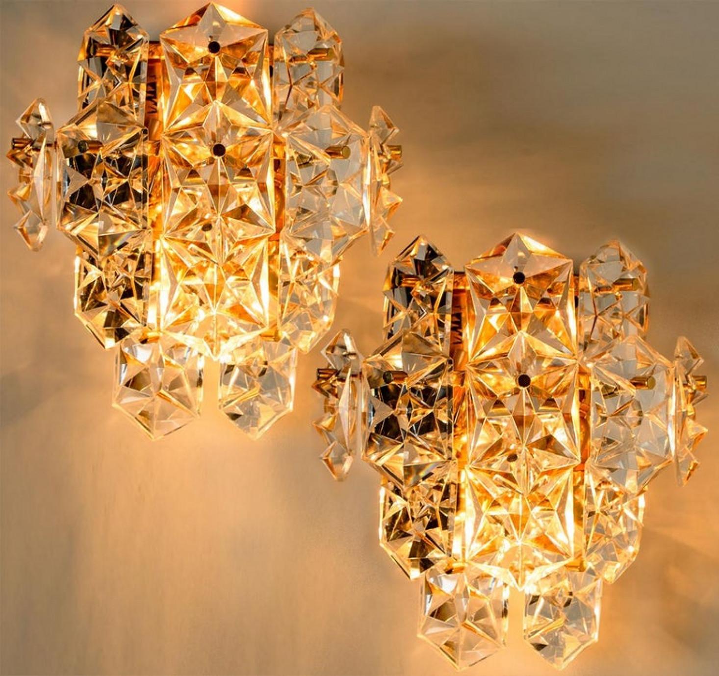 20th Century One of the Four Large Gilt Brass Faceted Crystal Sconces Wall Lights Kinkeldey For Sale
