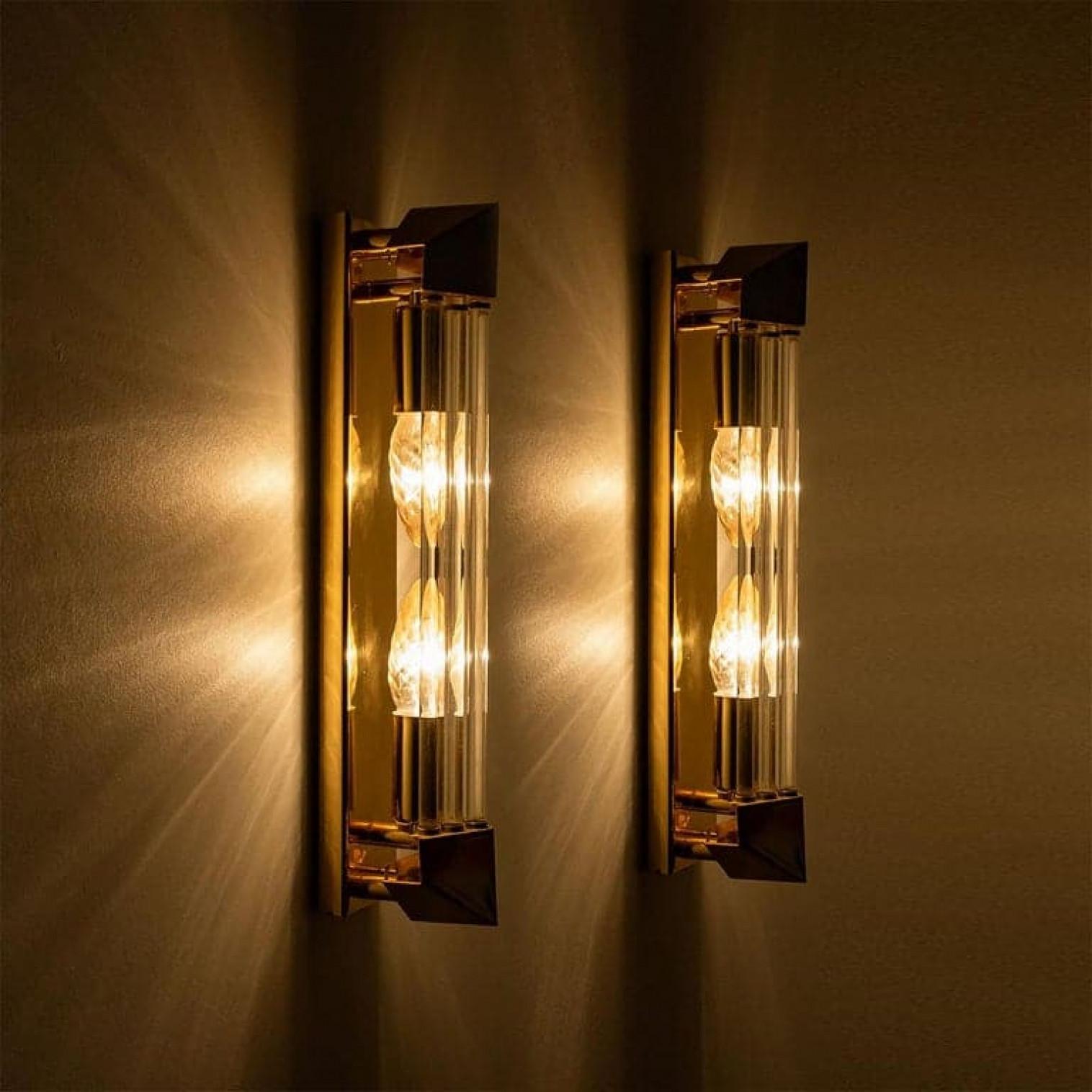 Art Deco One of the Four Large Venini Style Murano Glass and Gilt Brass Sconces, Italy For Sale