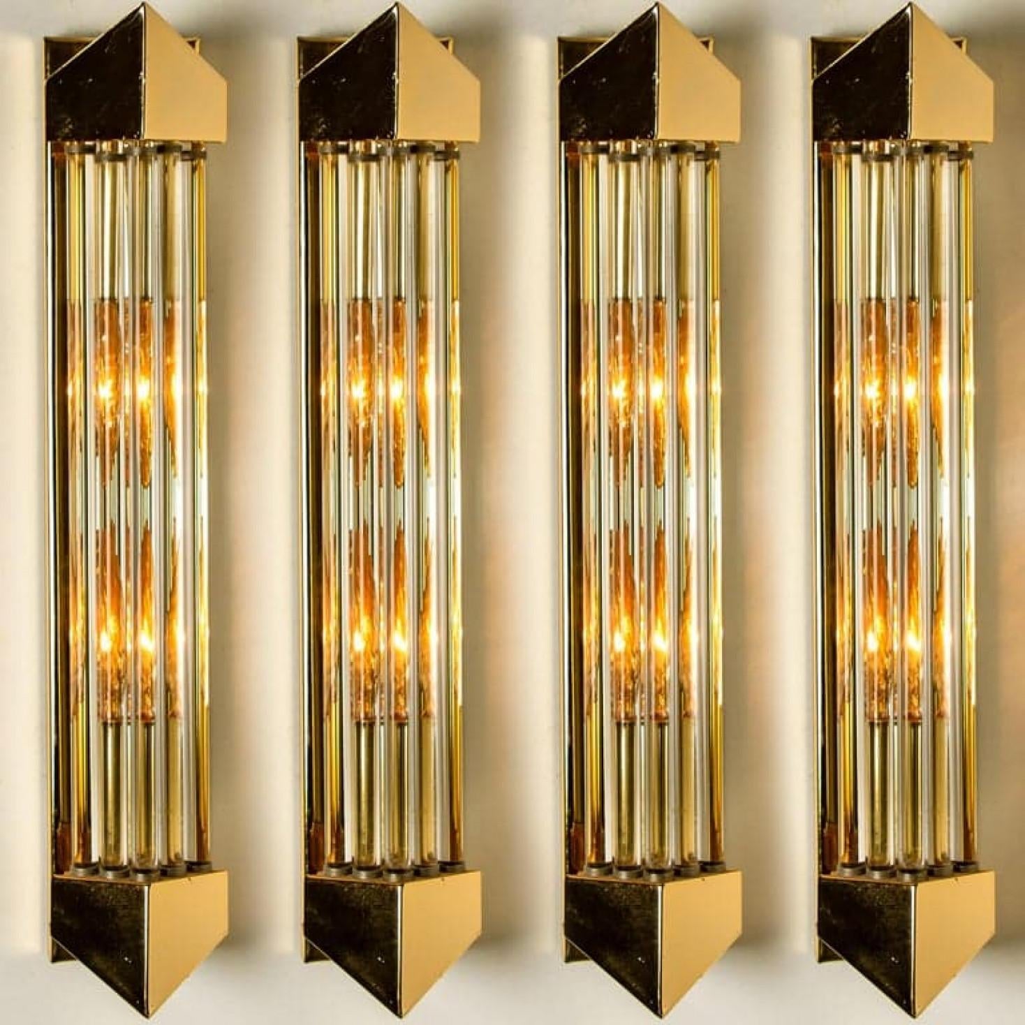 Italian One of the Four Large Venini Style Murano Glass and Gilt Brass Sconces, Italy For Sale