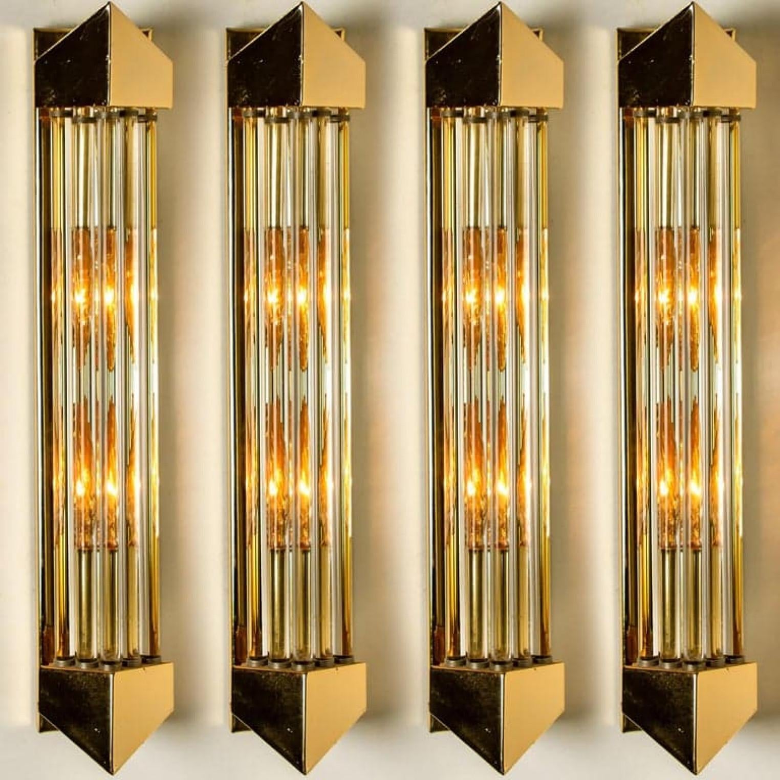 Italian One of the Four Large Venini Style Murano Glass and Gilt Brass Sconces, Italy For Sale