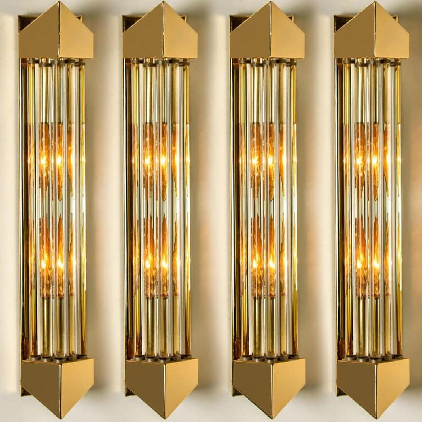 Plated One of the Four Large Venini Style Murano Glass and Gilt Brass Sconces, Italy For Sale