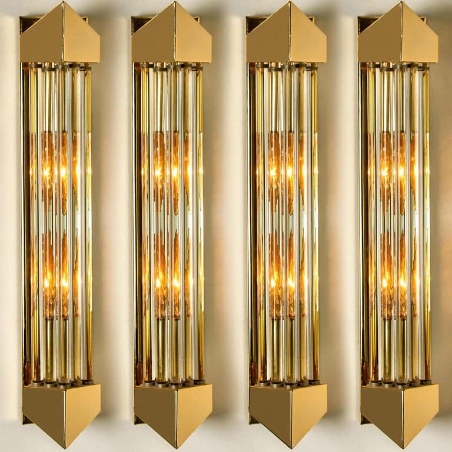 Plated One of the Four Large Venini Style Murano Glass and Gilt Brass Sconces, Italy For Sale