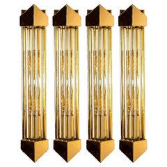 One of the Four Large Venini Style Murano Glass and Gilt Brass Sconces, Italy