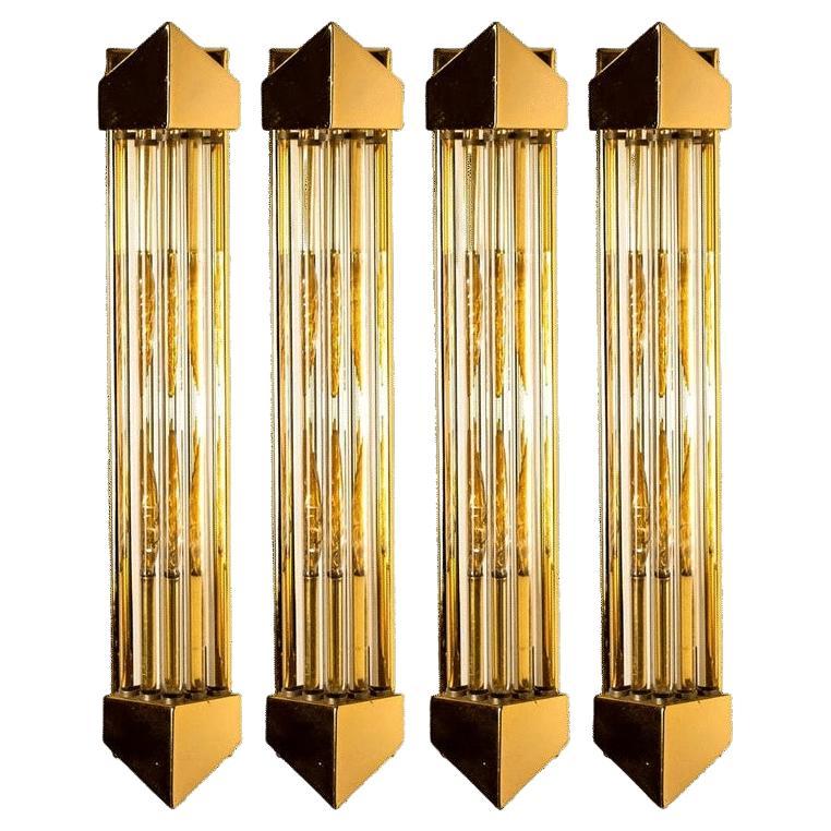 One of the Four Large Venini Style Murano Glass and Gilt Brass Sconces, Italy
