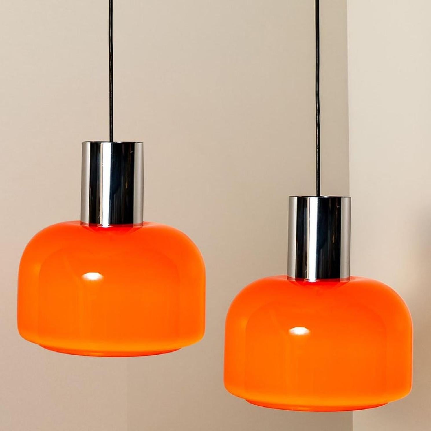 One of the Four Orange Blown Peill Putzler Pendant Lights, 1970s For Sale 3