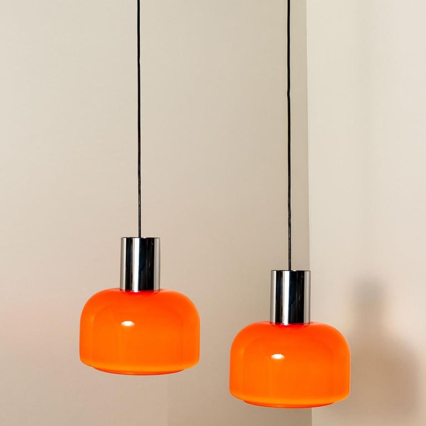 One of the Four Orange Blown Peill Putzler Pendant Lights, 1970s In Good Condition For Sale In Rijssen, NL