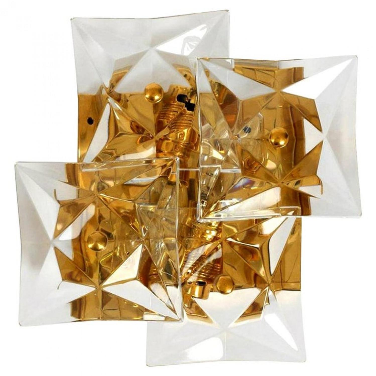 Mid-Century Modern One of the Four Square Crystal, Gold-Plated, Sconces by Kinkeldey, Germany For Sale