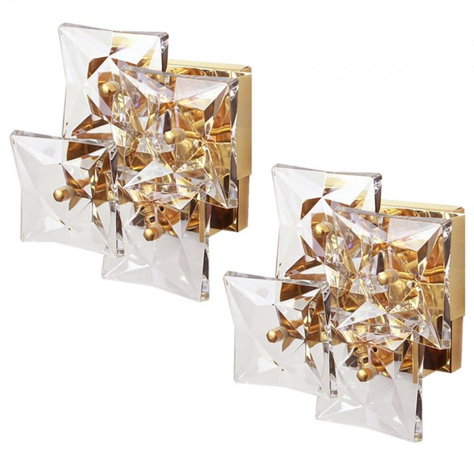 One of the Four Square Crystal, Gold-Plated, Sconces by Kinkeldey, Germany For Sale 1