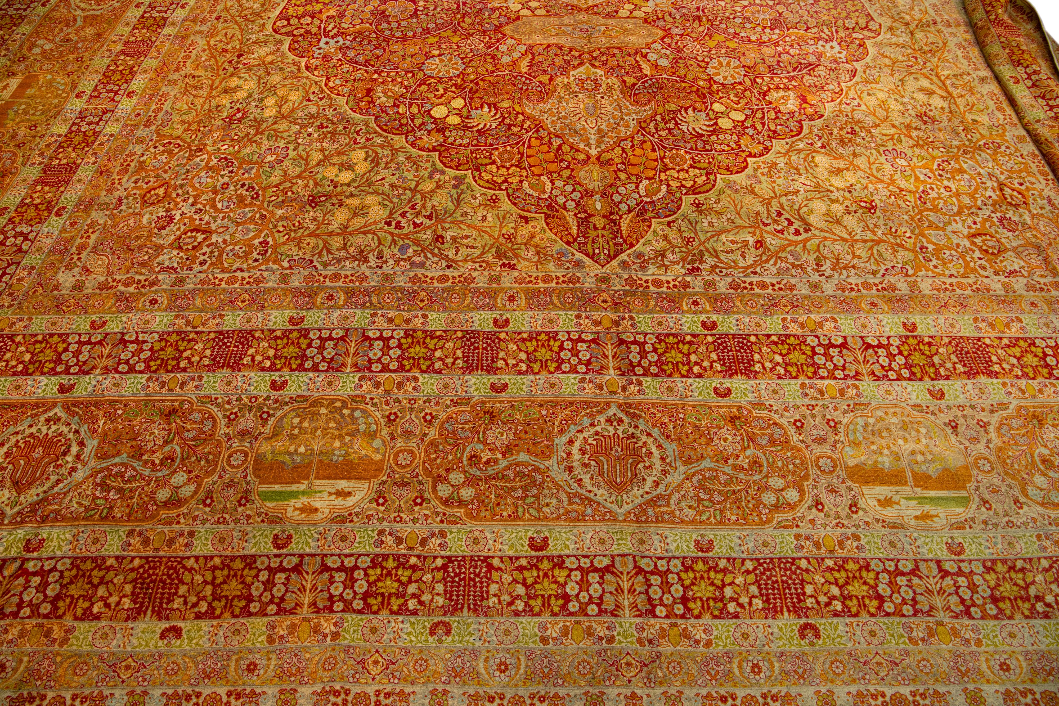 Hand-Knotted One Of The Kind 1900s Persian Tabriz Wool Rug Oversize with Rosette Motif In Red For Sale