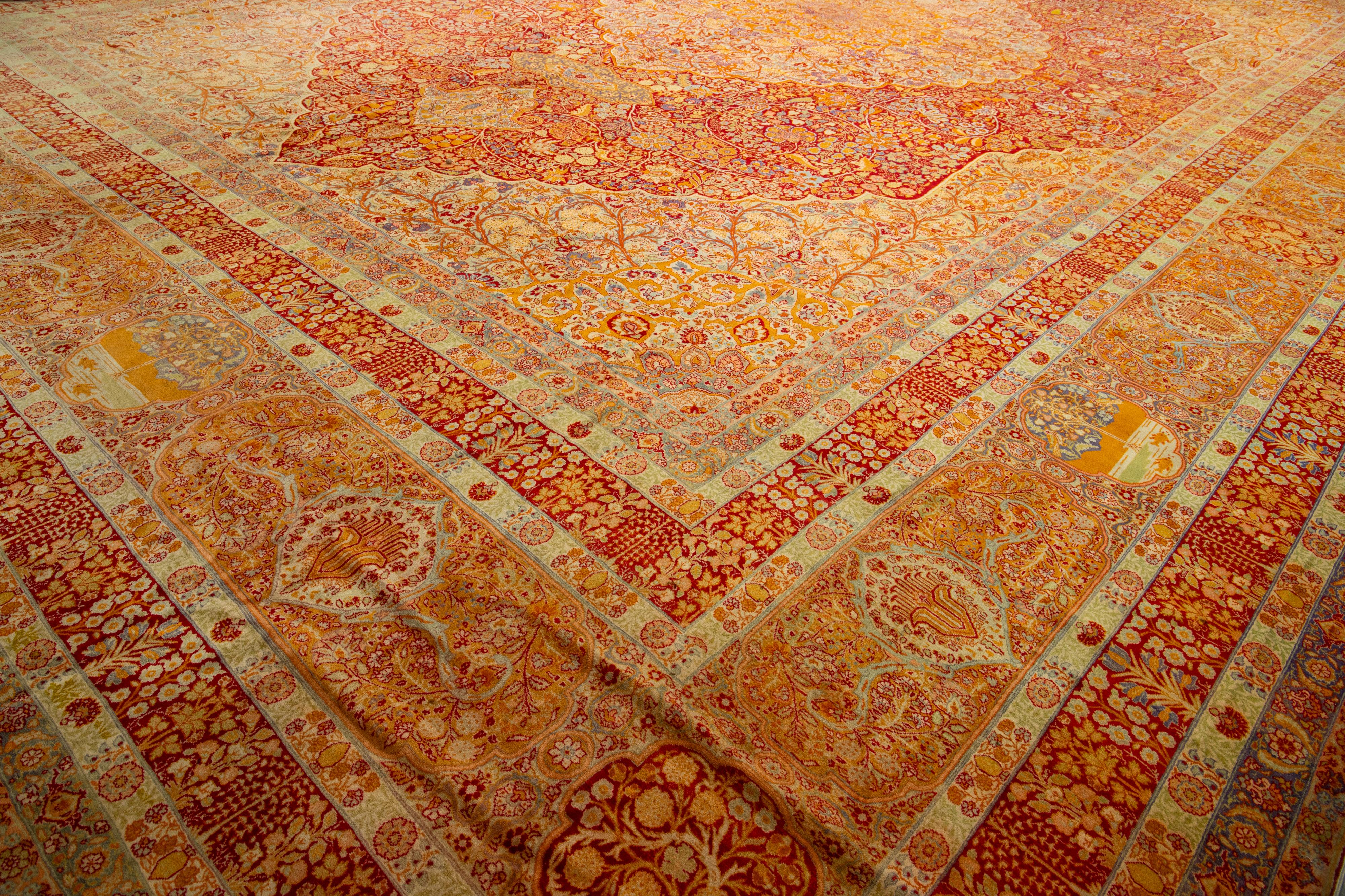 20th Century One Of The Kind 1900s Persian Tabriz Wool Rug Oversize with Rosette Motif In Red For Sale