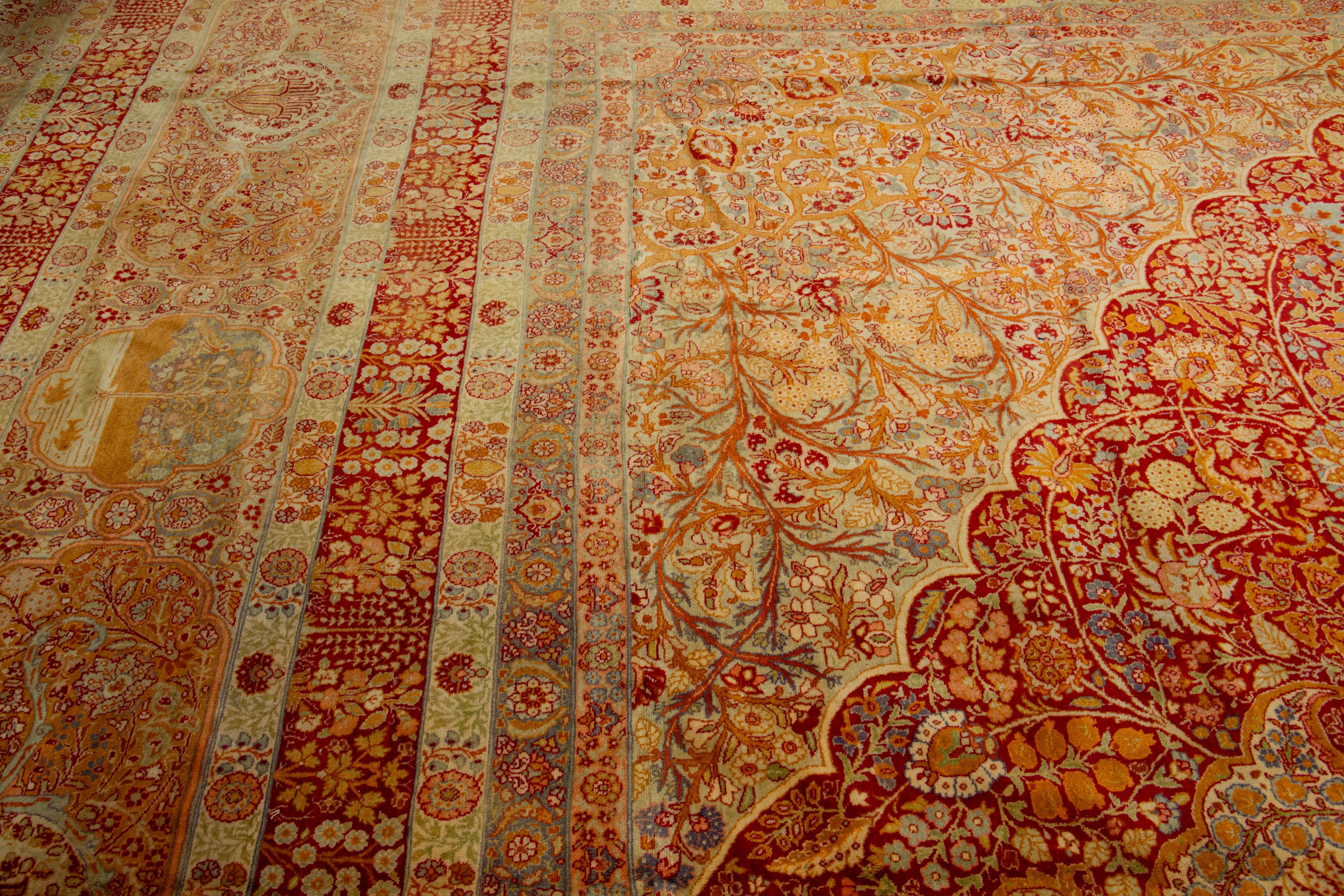 One Of The Kind 1900s Persian Tabriz Wool Rug Oversize with Rosette Motif In Red For Sale 1