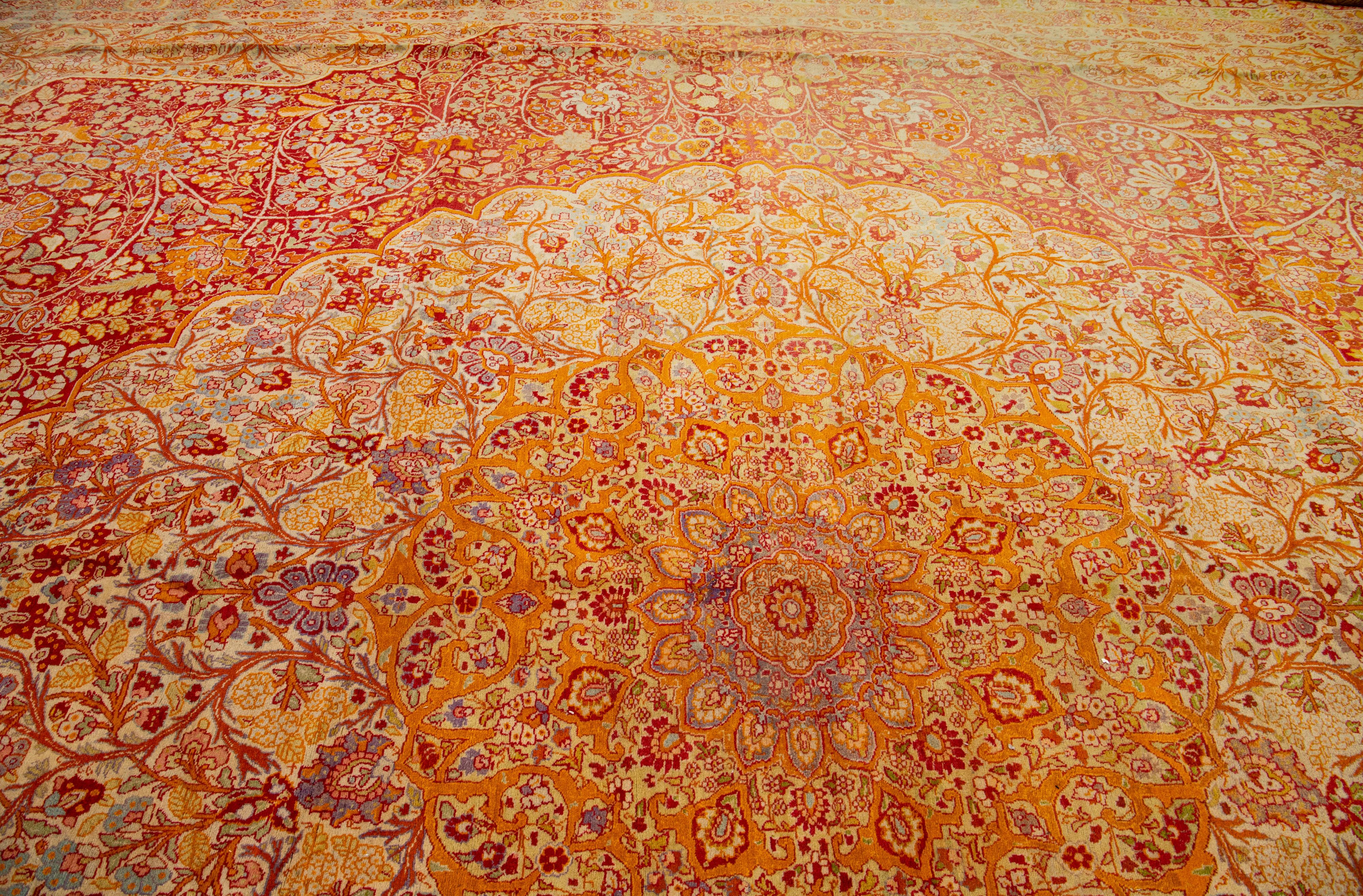 One Of The Kind 1900s Persian Tabriz Wool Rug Oversize with Rosette Motif In Red For Sale 2