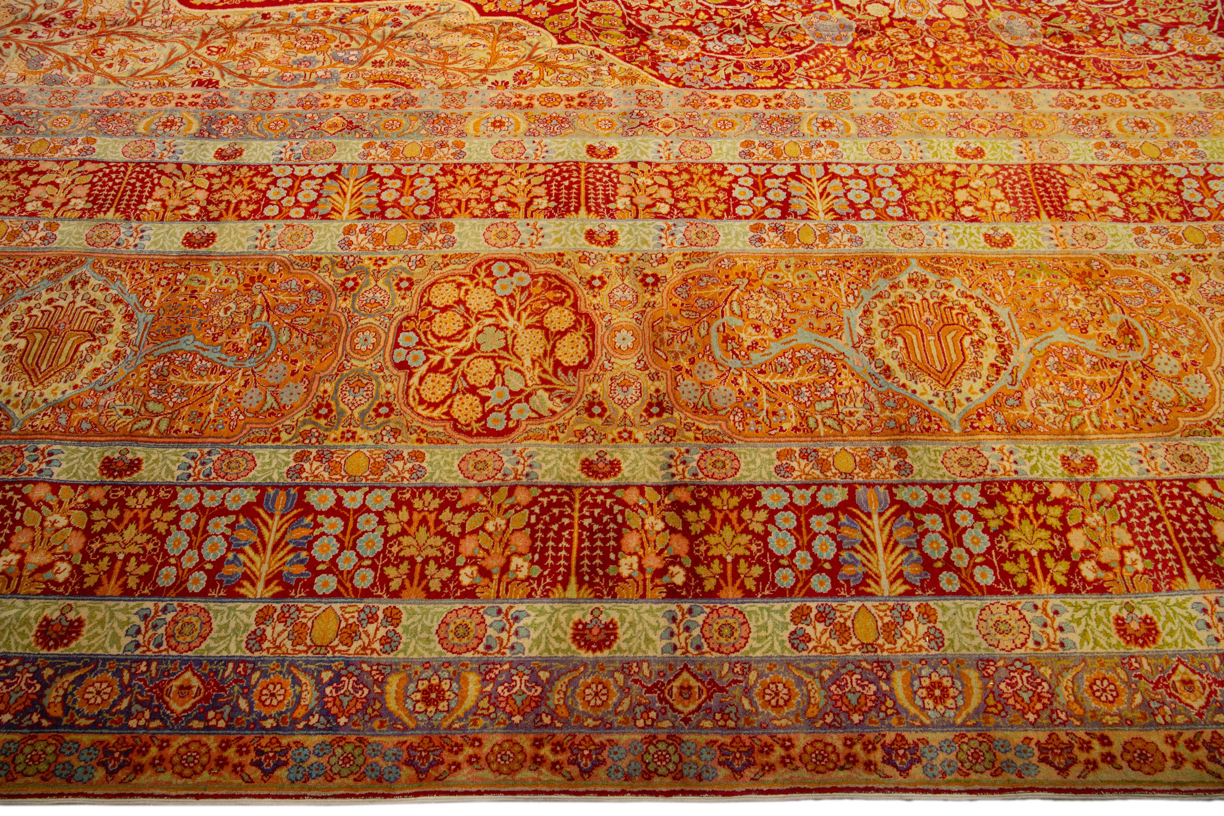 One Of The Kind 1900s Persian Tabriz Wool Rug Oversize with Rosette Motif In Red For Sale 3