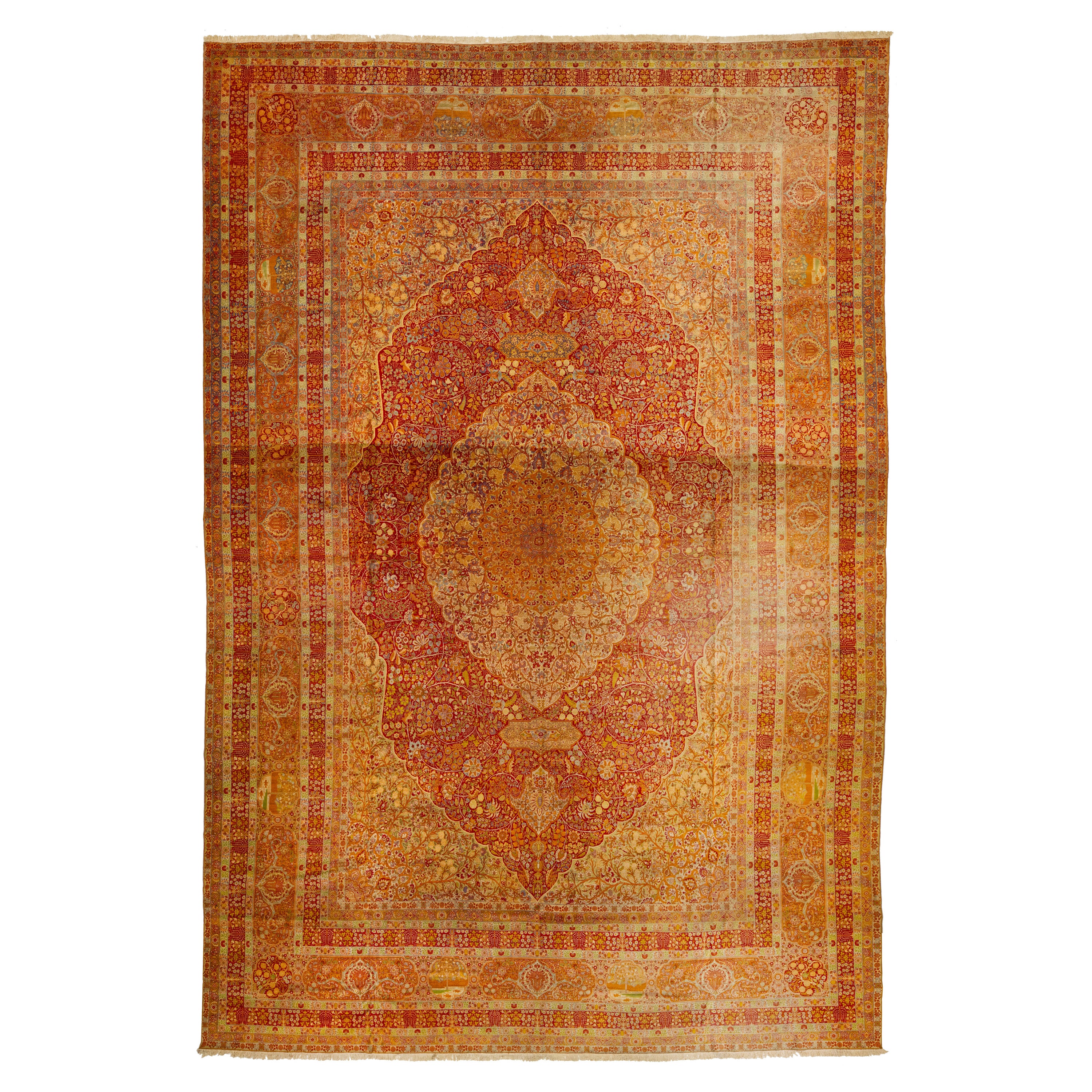 Tapis persan de Tabriz des années 1900 surdimensionné en laine à motif de rosette rouge, unique en son genre en vente