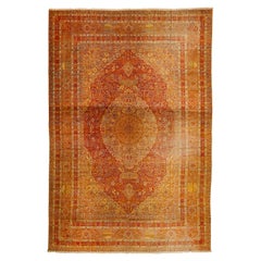 One Of The Kind 1900s Persian Tabriz Wool Rug Oversize with Rosette Motif In Red
