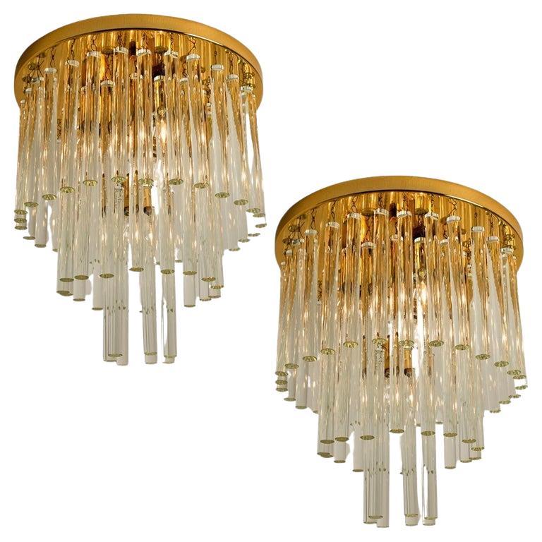 One of the Nine Palme Chandeliers or Flush Mounts Brass and Crystal, 1960s For Sale