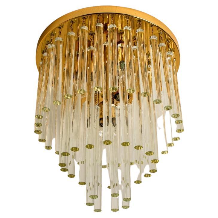 One of the Nine Palme Chandeliers or Flush Mounts Brass and Crystal, 1960s For Sale