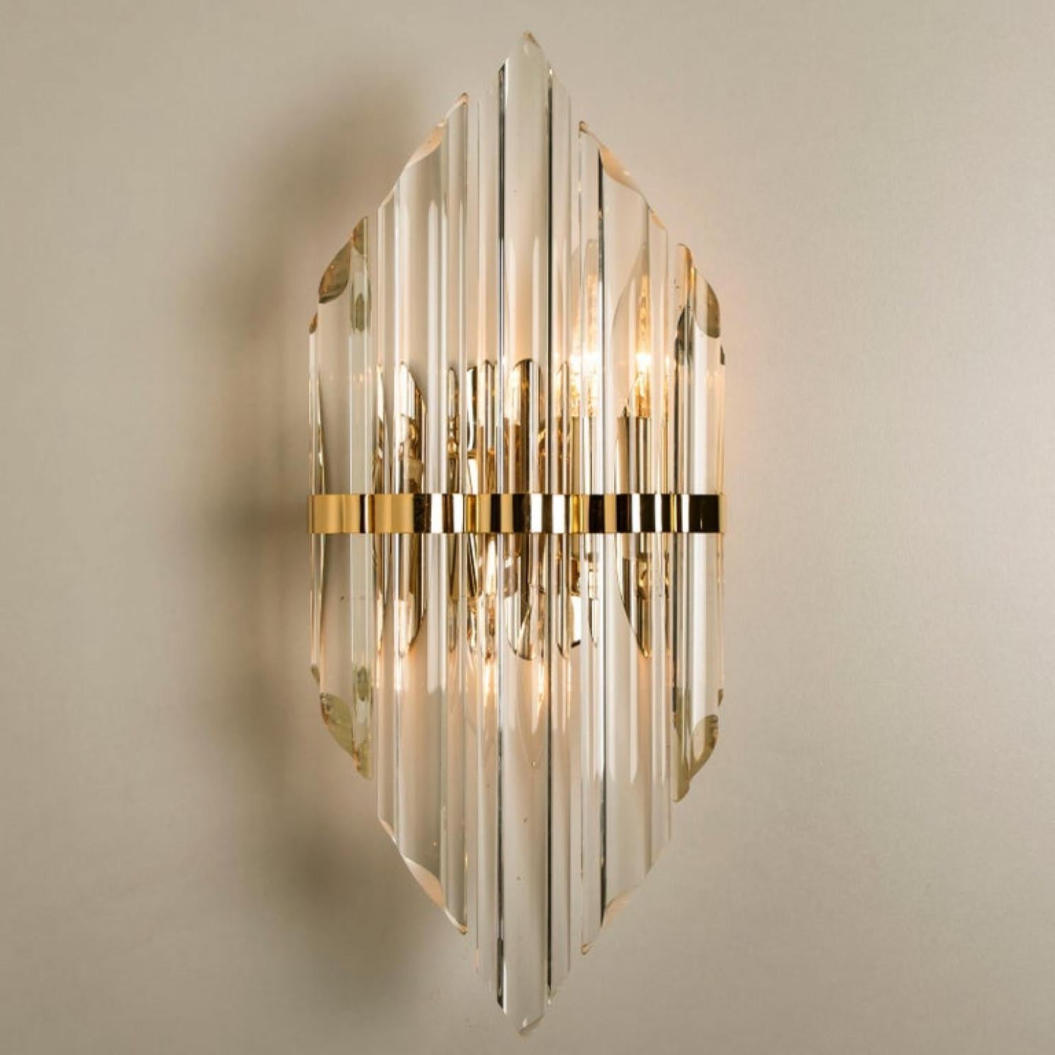 Art Deco One of the Seven Large Venini Style Murano Glass and Gilt Brass Sconces, Italy For Sale