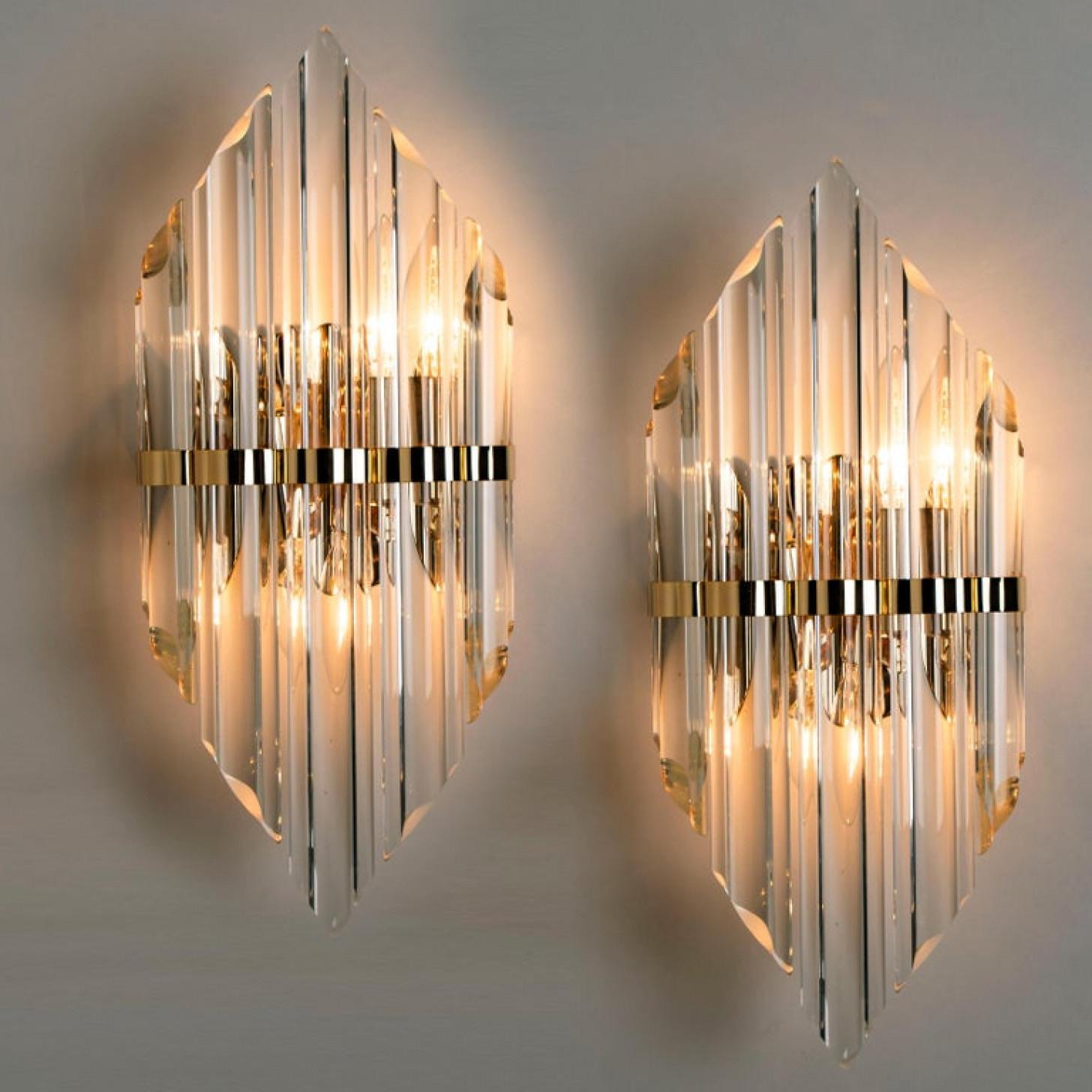 Late 20th Century One of the Seven Large Venini Style Murano Glass and Gilt Brass Sconces, Italy For Sale