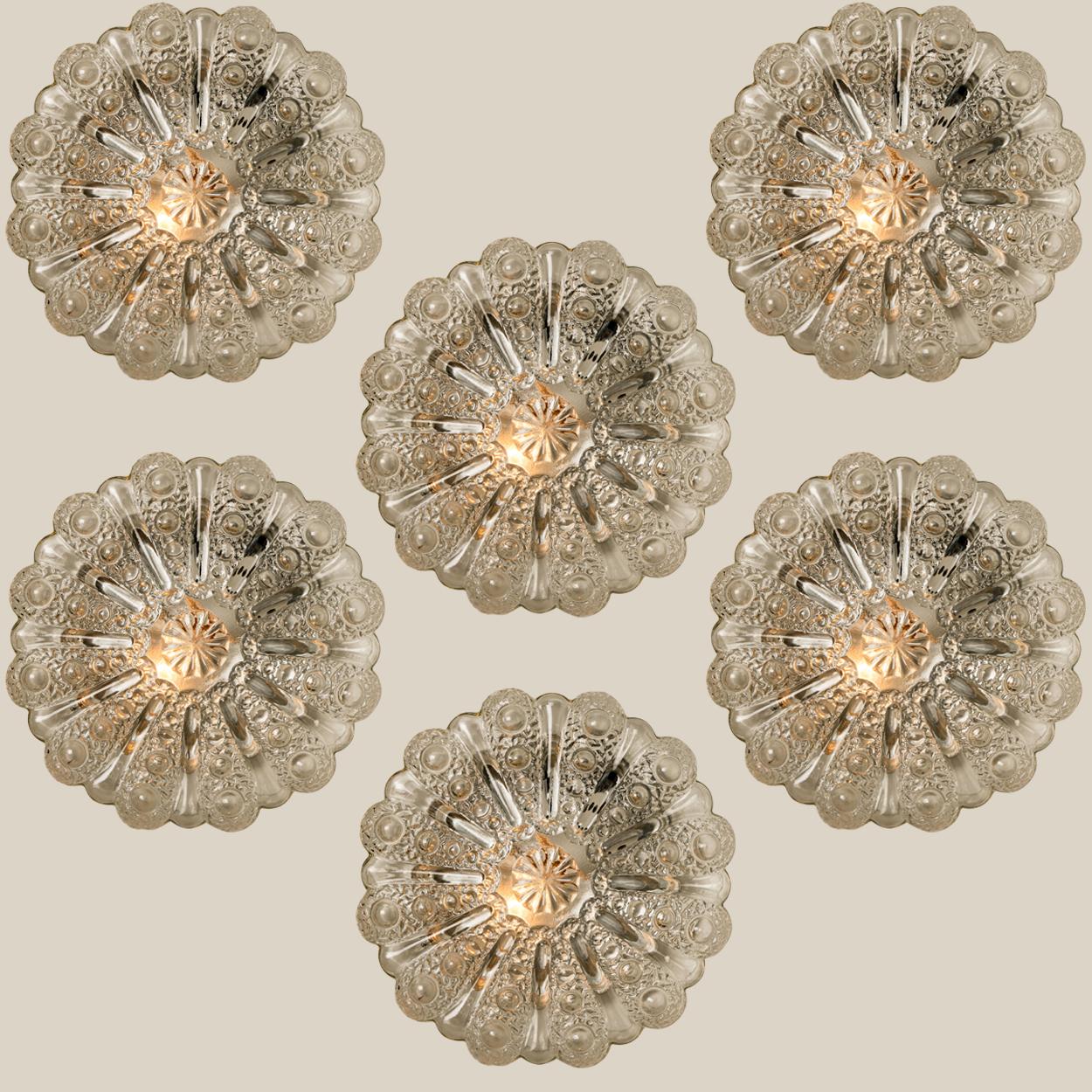 Mid-Century Modern One of the Six Glass Brass Wall Lights/ Flush Mounts, 1970, Germany For Sale