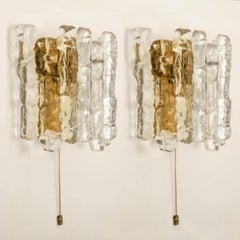 One of the Six Ice Glass Wall Sconces with Brass Tone by J.T. Kalmar, Austria