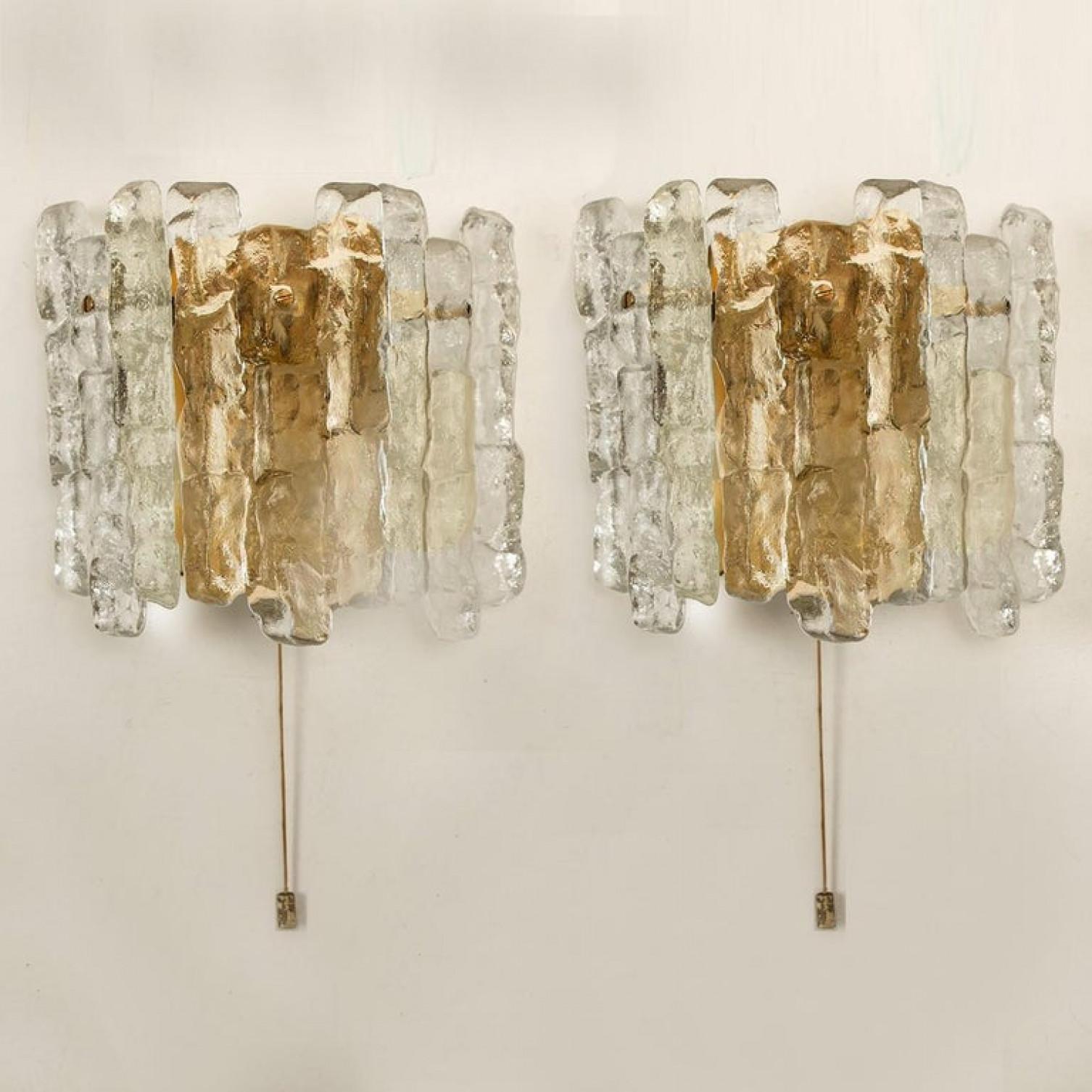 Austrian One of the Six Ice Glass Wall Sconces with Brass Tone by J.T. Kalmar, Austria For Sale