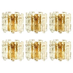 Retro One of the Six Ice Glass Wall Sconces with Brass Tone by J.T. Kalmar, Austria