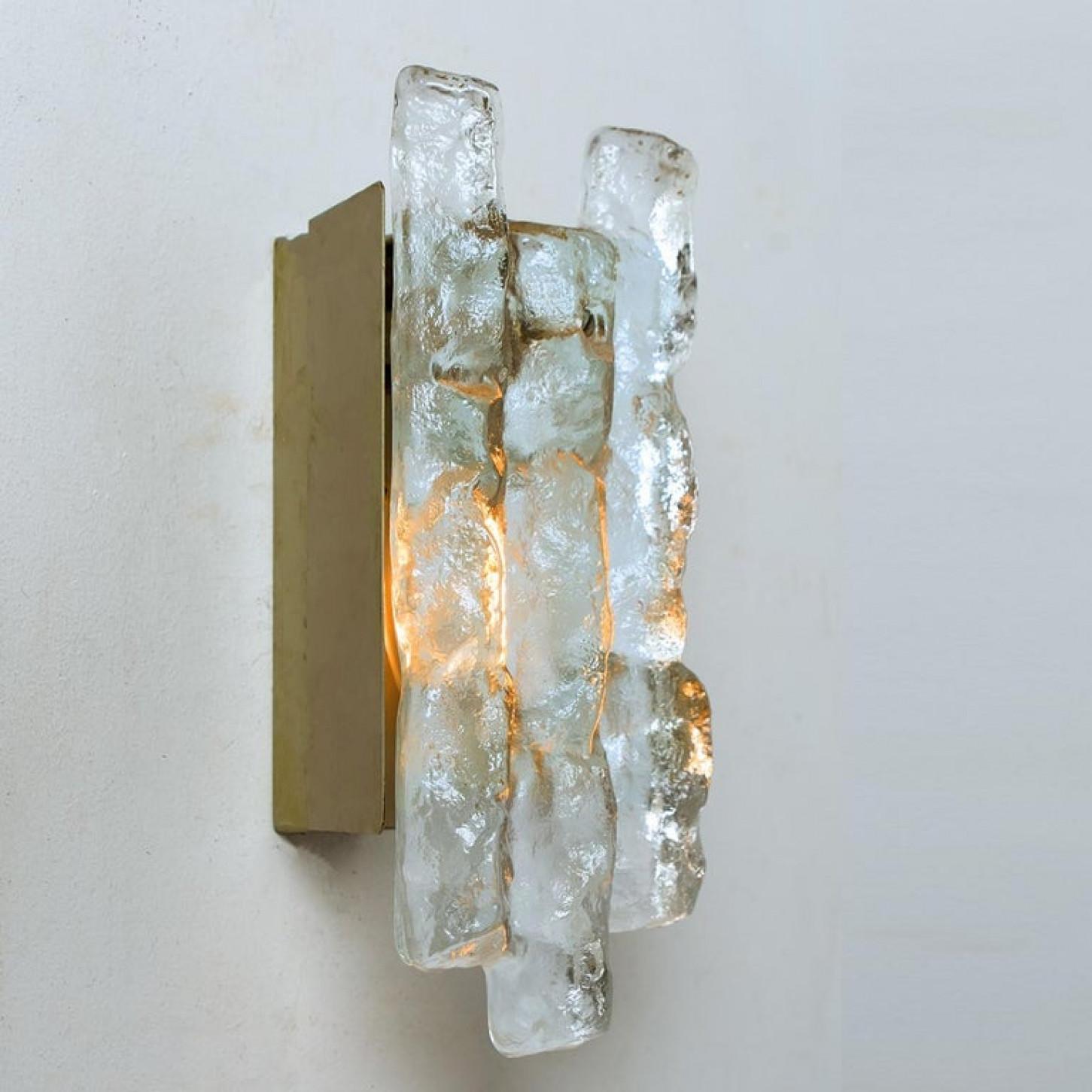 Brushed One of The Six Kalmar Ice Glass Wall Sconces by J.T. Kalmar, Austria, 1970s For Sale