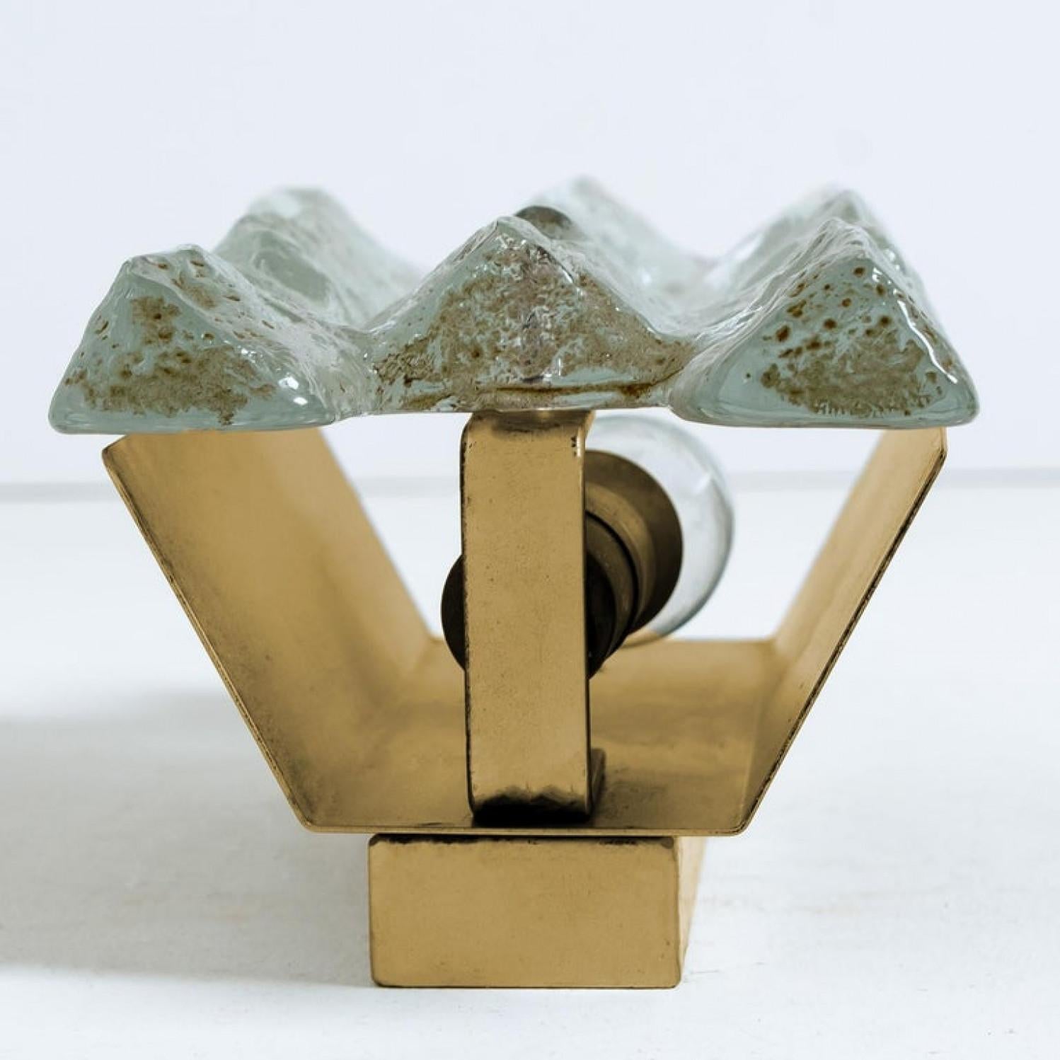 Brass One of The Six Kalmar Ice Glass Wall Sconces by J.T. Kalmar, Austria, 1970s For Sale