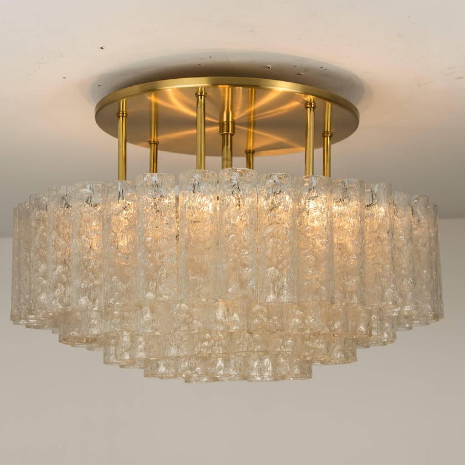 One of the Six Large Blown Glass Brass Flush Mount Light Fixtures by Doria 1960s For Sale 10