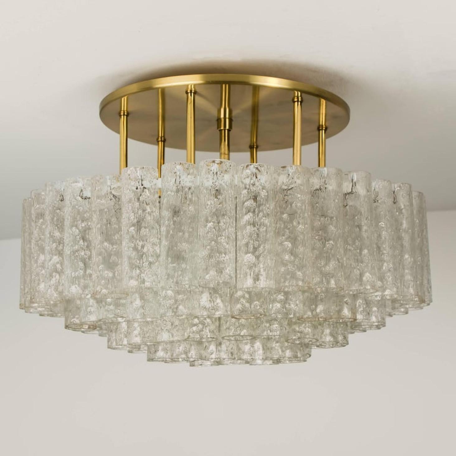 One of the Six Large Blown Glass Brass Flush Mount Light Fixtures by Doria 1960s For Sale 12