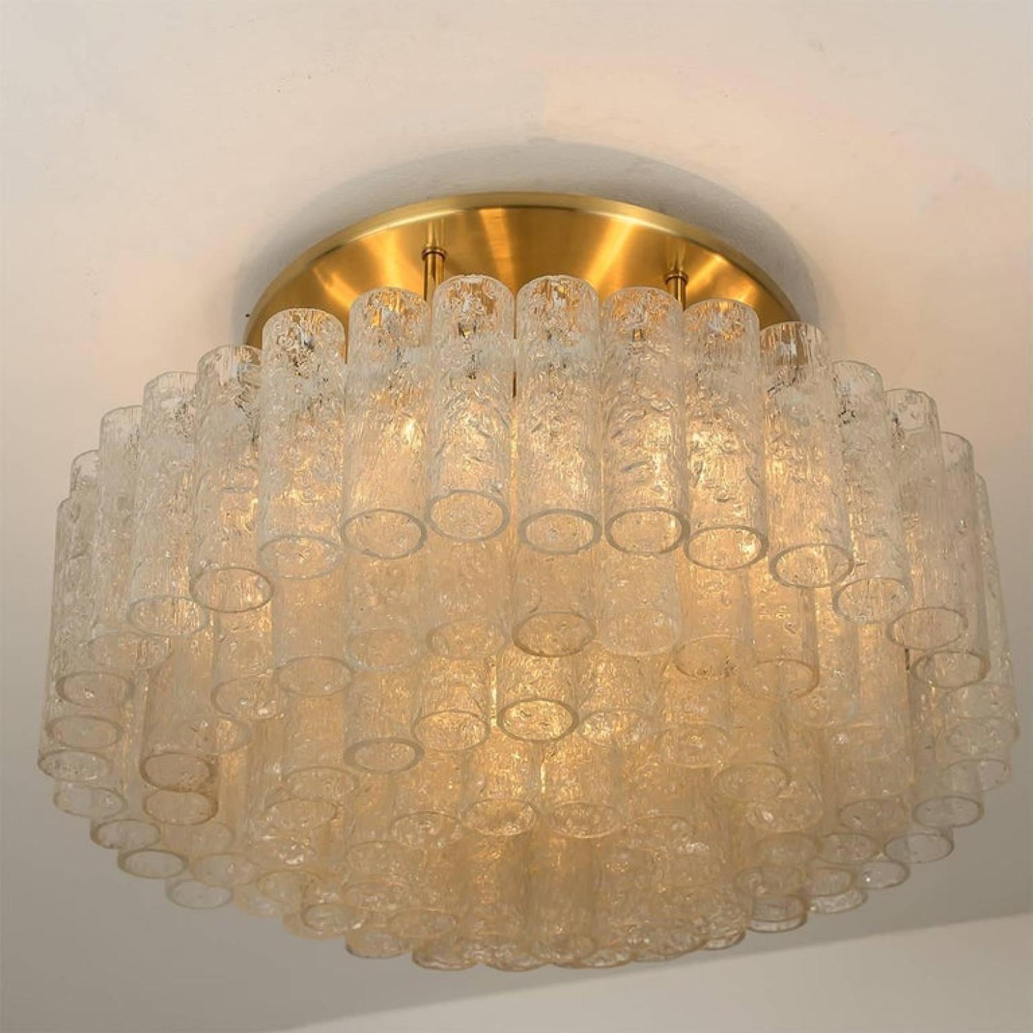 One of the Six Large Blown Glass Brass Flush Mount Light Fixtures by Doria 1960s In Good Condition For Sale In Rijssen, NL