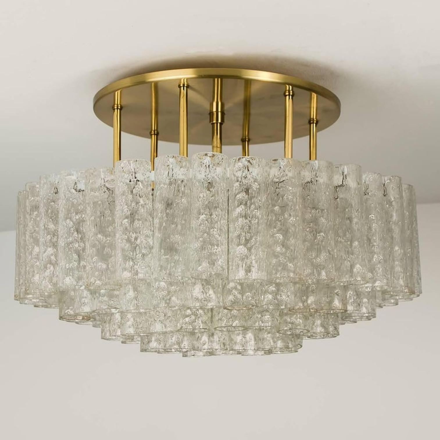 One of the Six Large Blown Glass Brass Flush Mount Light Fixtures by Doria 1960s For Sale 1