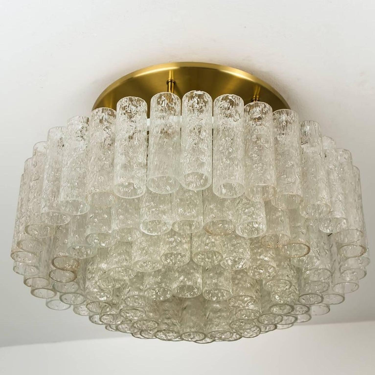 One of the Six Large Blown Glass Brass Flush Mount Light Fixtures by Doria 1960s For Sale 2