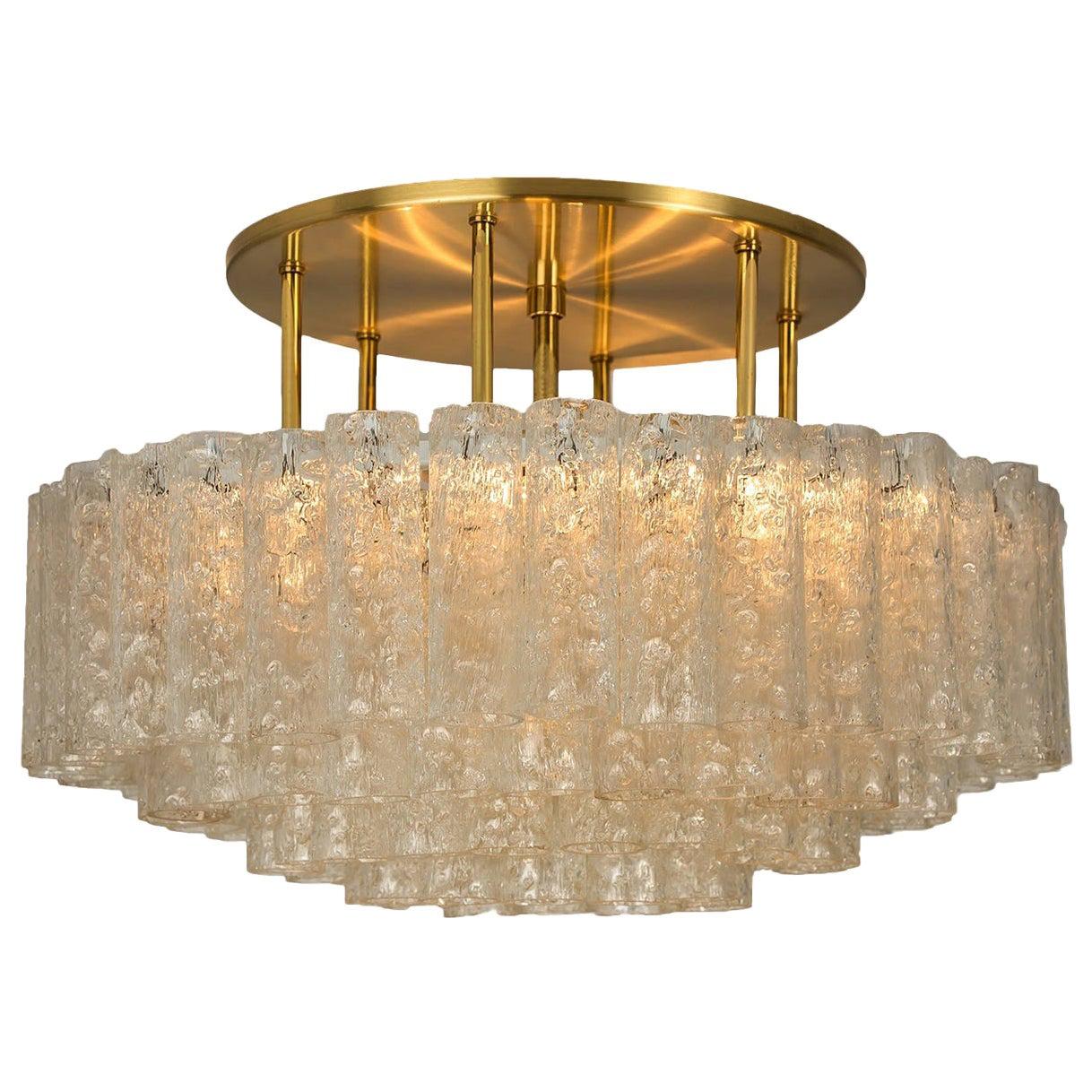 One of the Six Large Blown Glass Brass Flush Mount Light Fixtures by