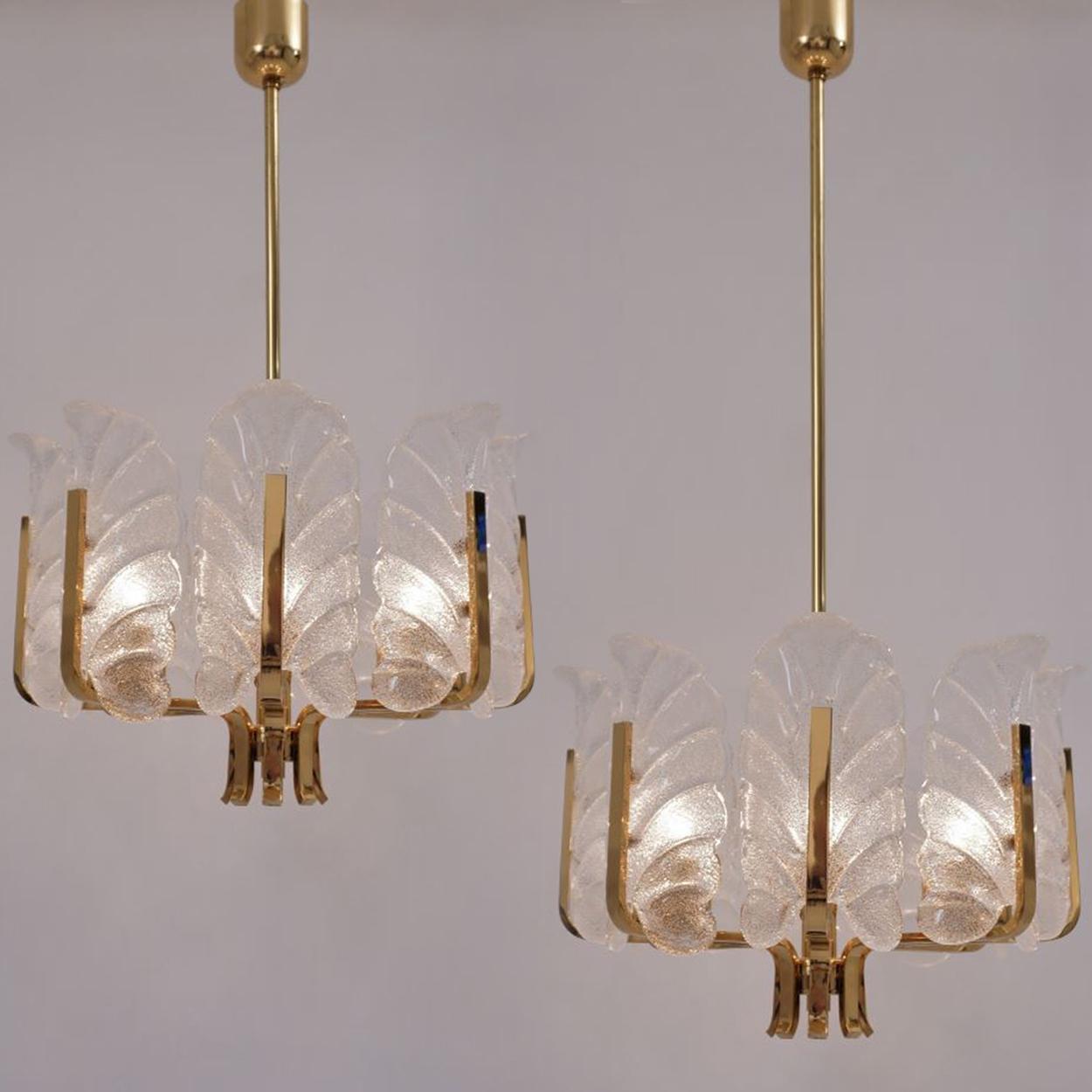 One of the Six Large Fagerlund Glass Leaves Brass Chandelier by Orrefors, 1960s For Sale 5