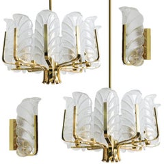 One of the Six Large Fagerlund Glass Leaves Brass Chandelier by Orrefors, 1960s