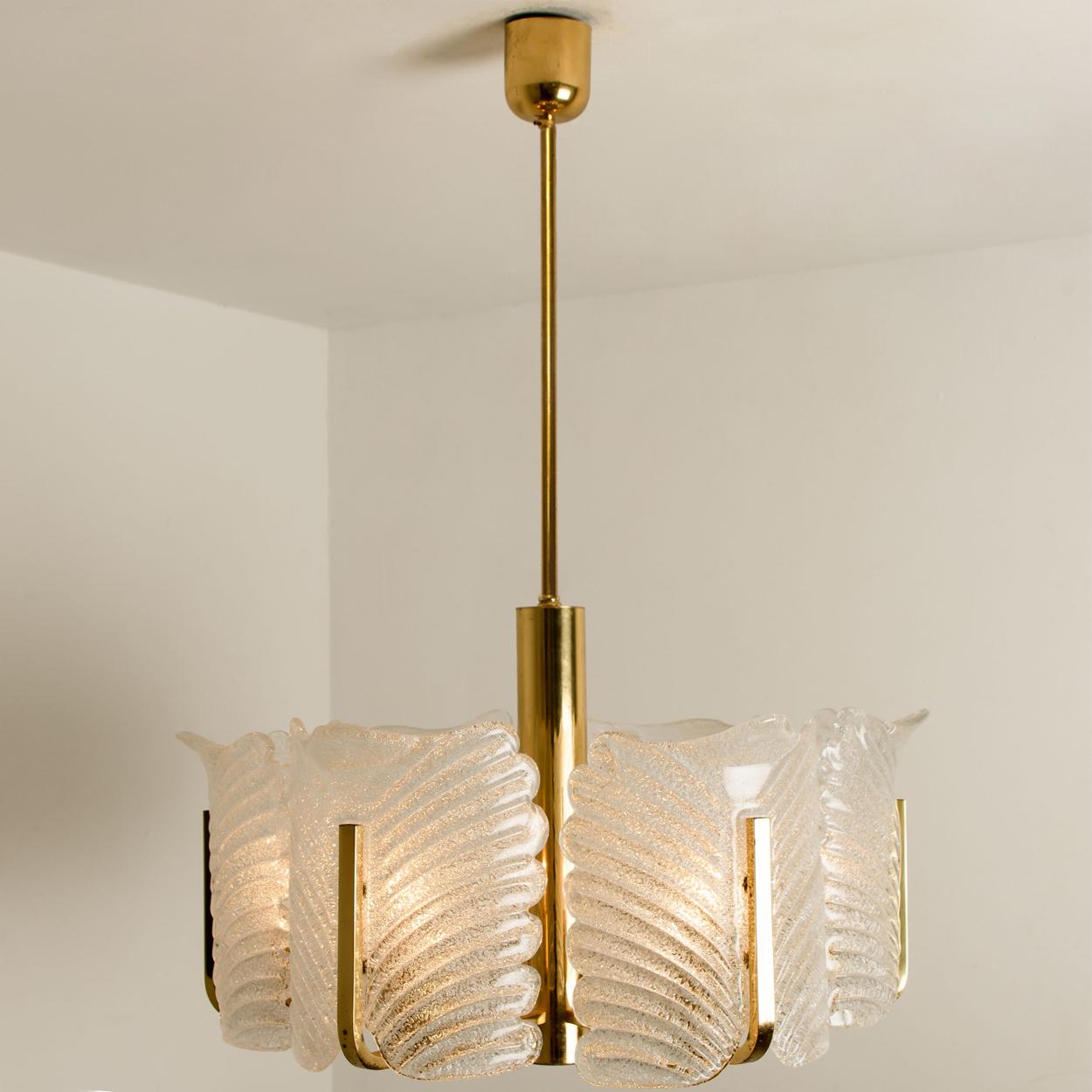 Swedish Large Fagerlund Glass Leaves Brass Chandelier by Orrefors, 1960s For Sale