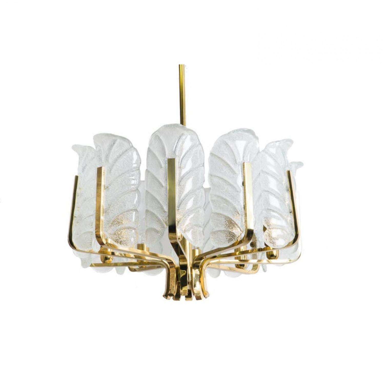 Other One of the Six Large Fagerlund Glass Leaves Brass Chandelier by Orrefors, 1960s For Sale
