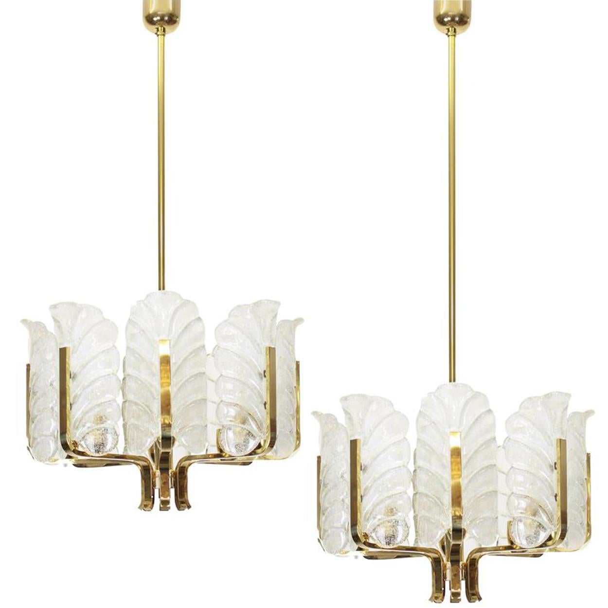 One of the Six Large Fagerlund Glass Leaves Brass Chandelier by Orrefors, 1960s For Sale 1
