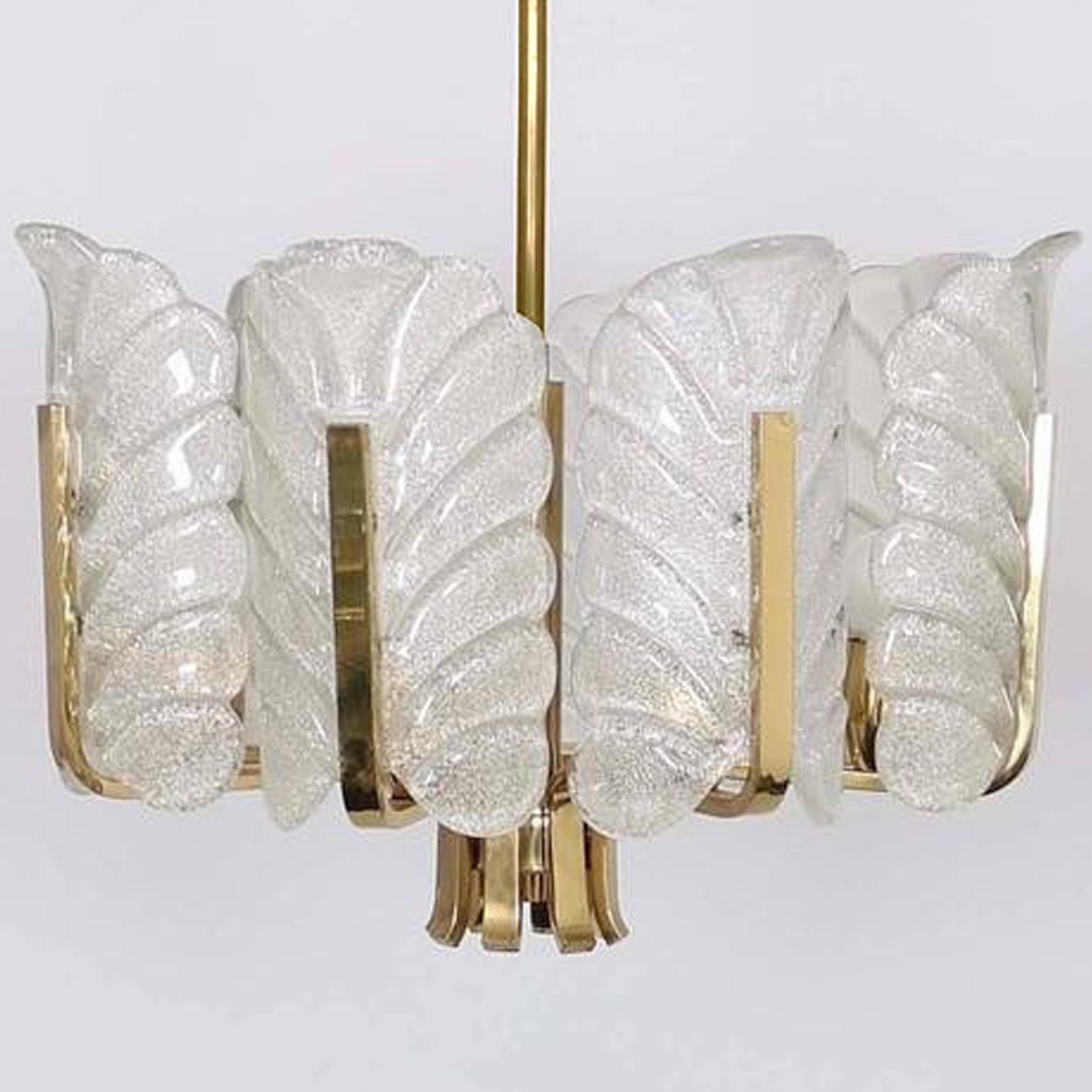One of the Six Large Fagerlund Glass Leaves Brass Chandelier by Orrefors, 1960s For Sale 2
