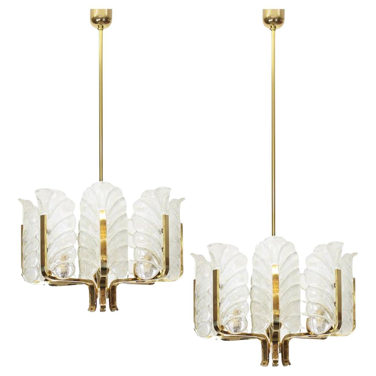 One of the Six Large Fagerlund Glass Leaves Brass Chandelier by Orrefors, 1960s For Sale