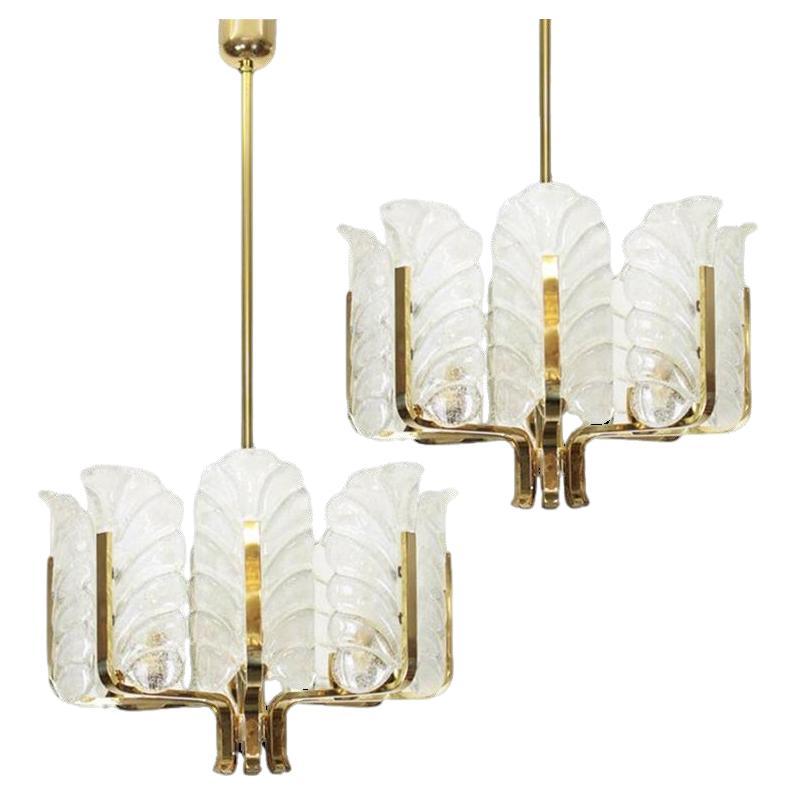 One of the Six Large Fagerlund Glass Leaves Brass Chandelier by Orrefors, 1960s For Sale
