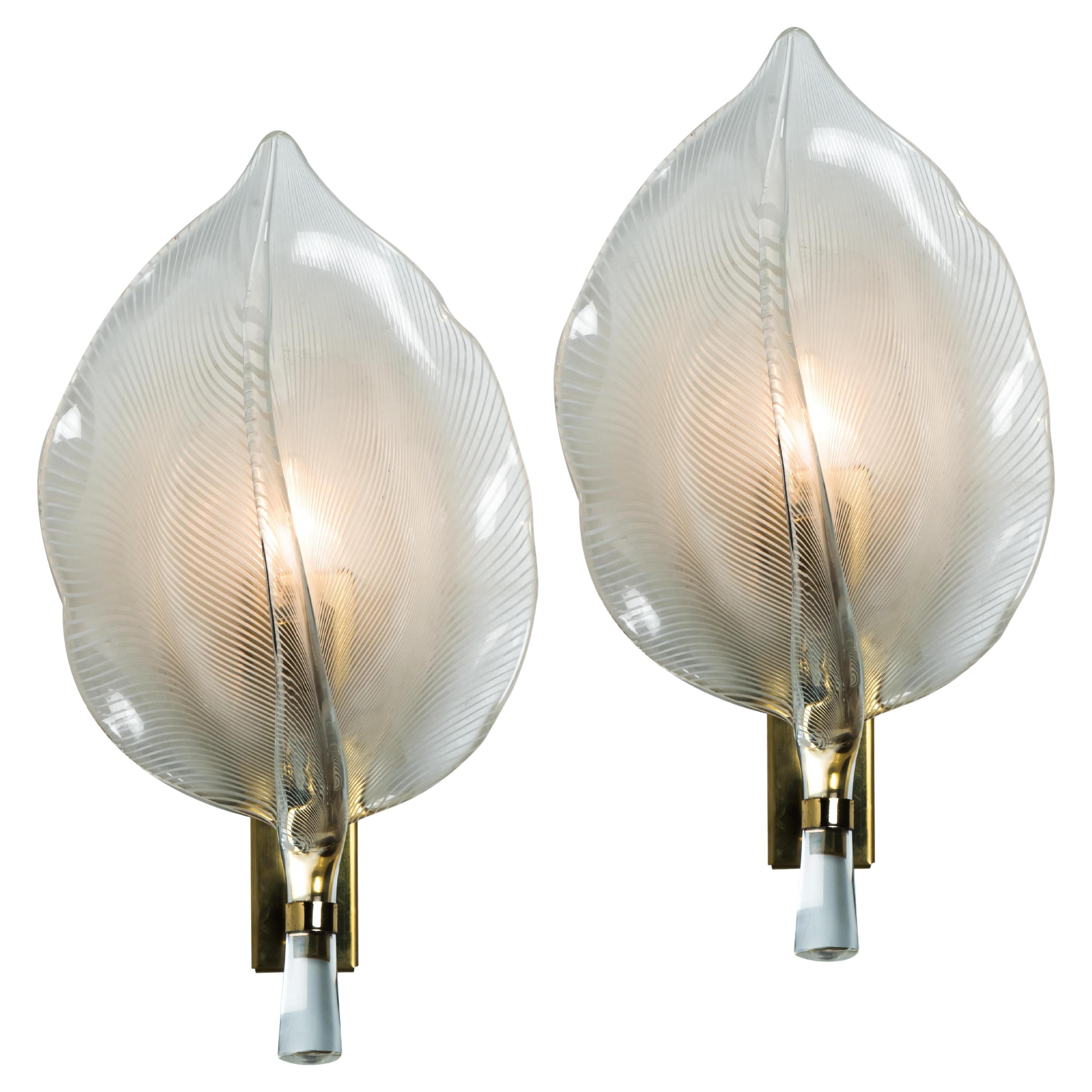 One of the Six Murano Glass Striated Leaf wall lights by Franco Luce, 1970 For Sale